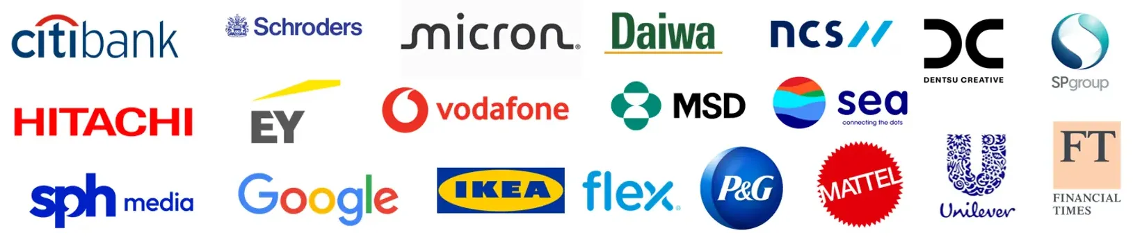 Attendee organisations including Citibank, EY, Google, IKEA, MSD, Vodafone, P&G, Mattel, Unilever, Micron, Sea, Hitachi, SPH Media, Daiwa, NCS, Dentsu Creative, SP Group, Schroders and Financial Times